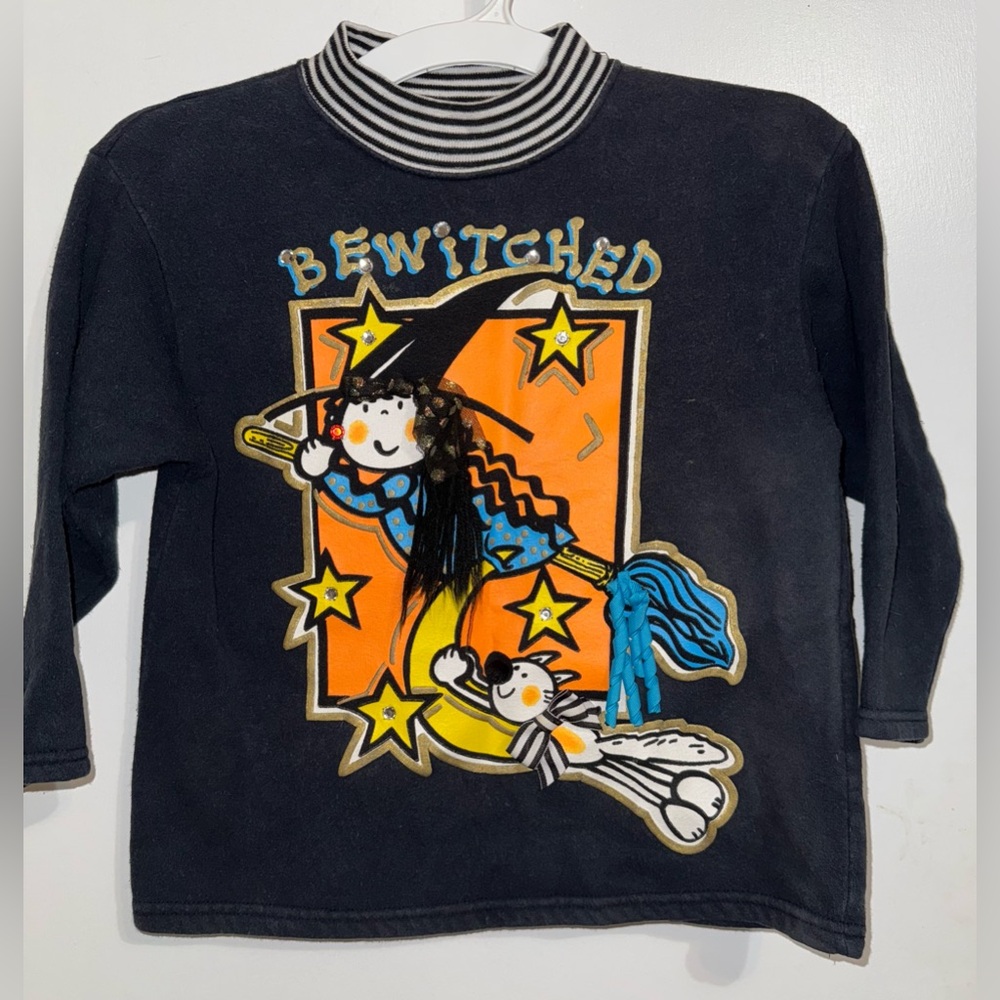Vintage Tickle Me Bewitched Halloween Sweatshirt Black Witch Cat Girls 6 USA